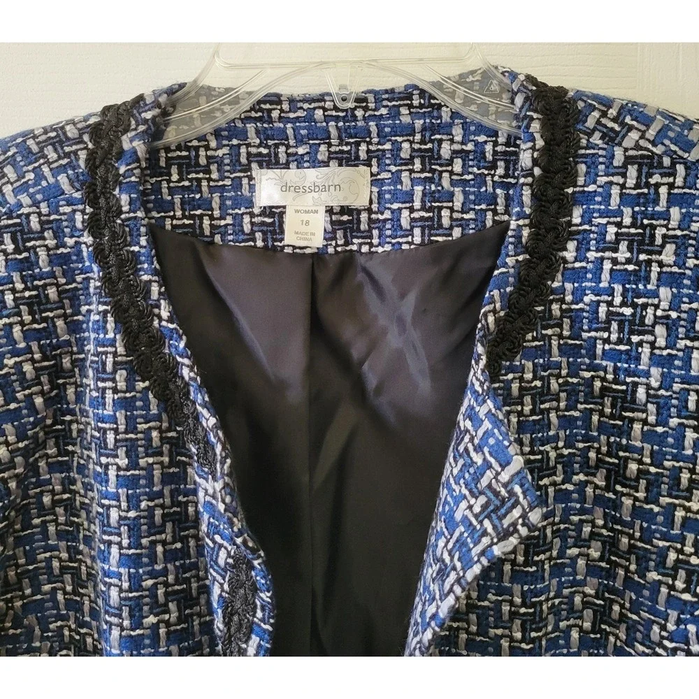 Dressbarn Tweed‎ Blazer Size 18 Blue Black Gray Open Front Pockets Lined